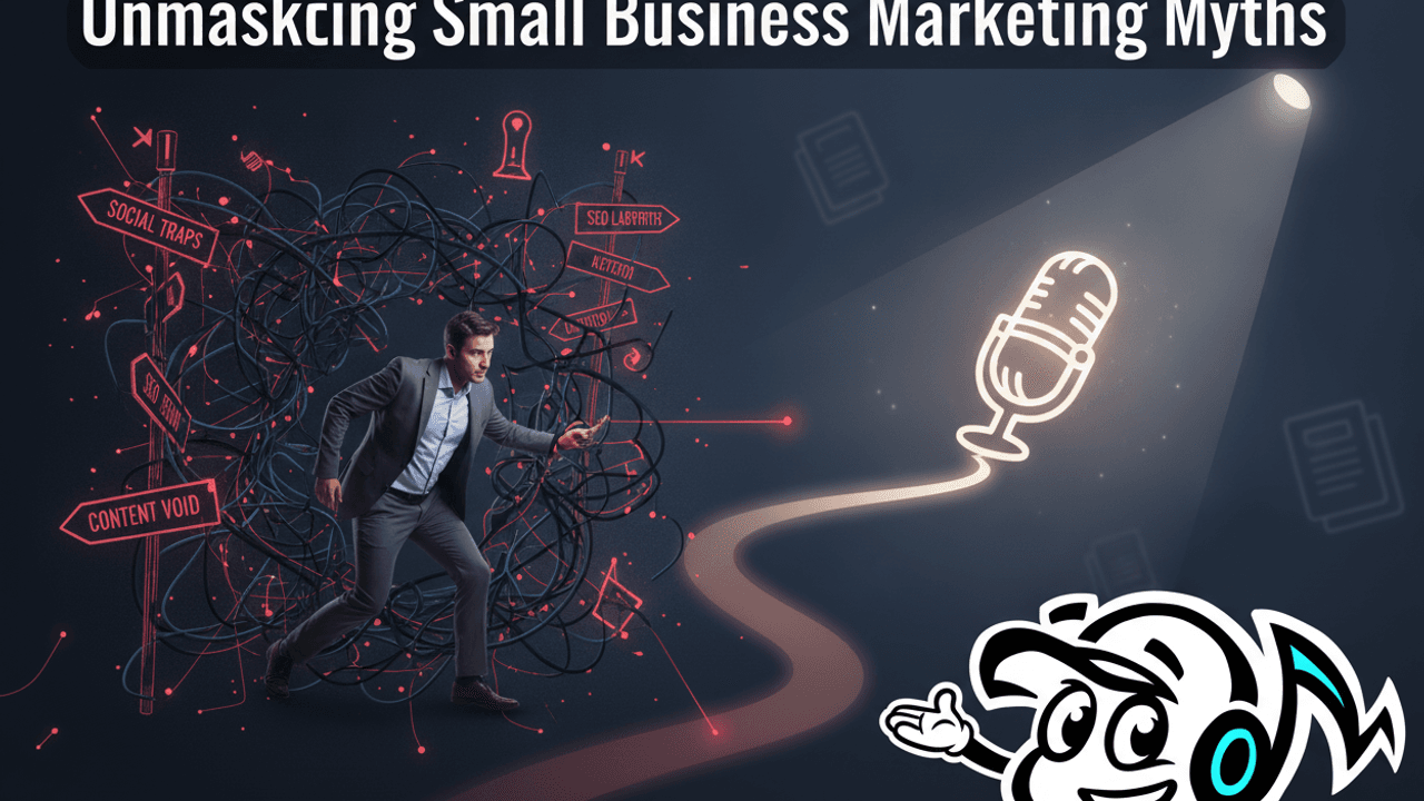A small business founder confidently navigating a complex marketing maze, finding a clear path towards authentic interview-led visibility.
