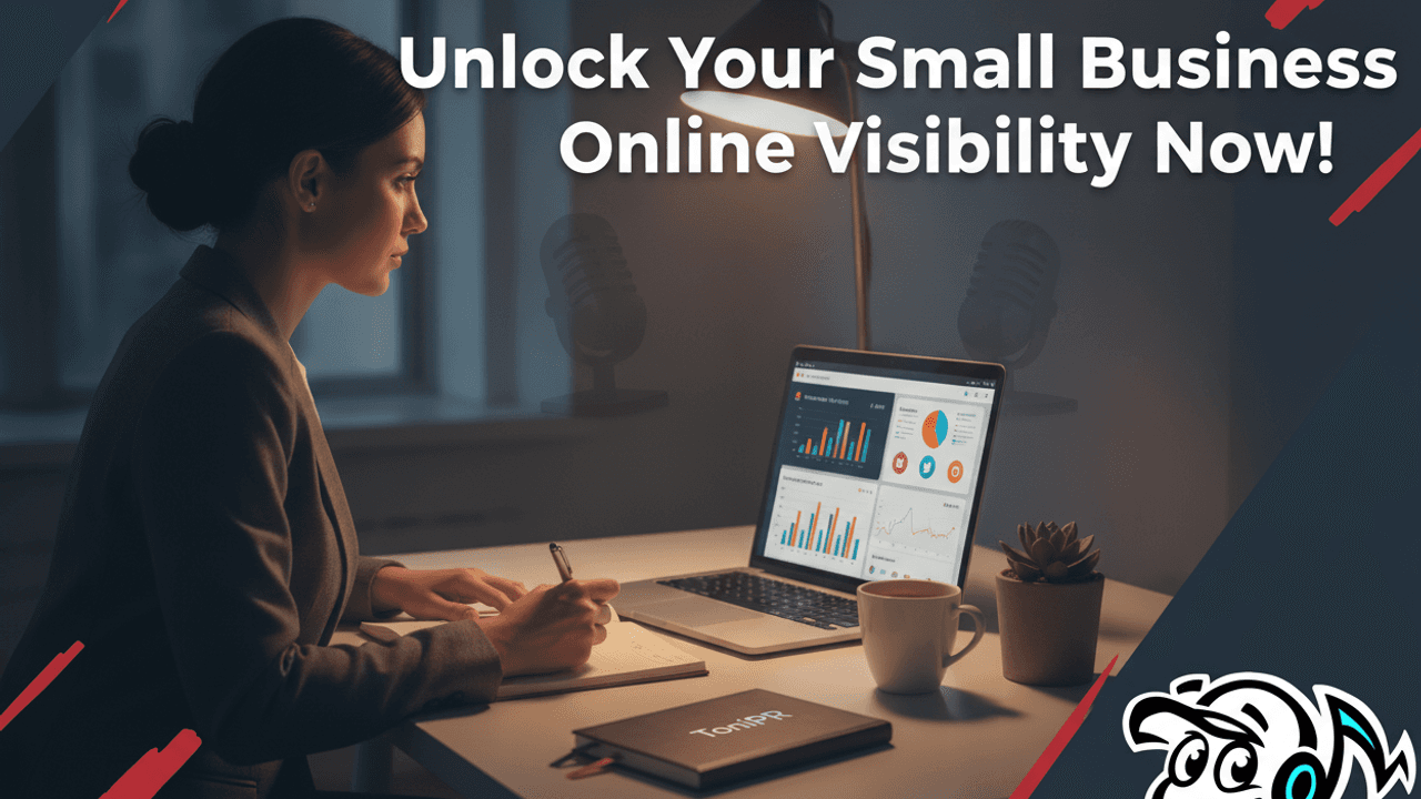 Small business owner strategizing online presence on a laptop in a modern office.