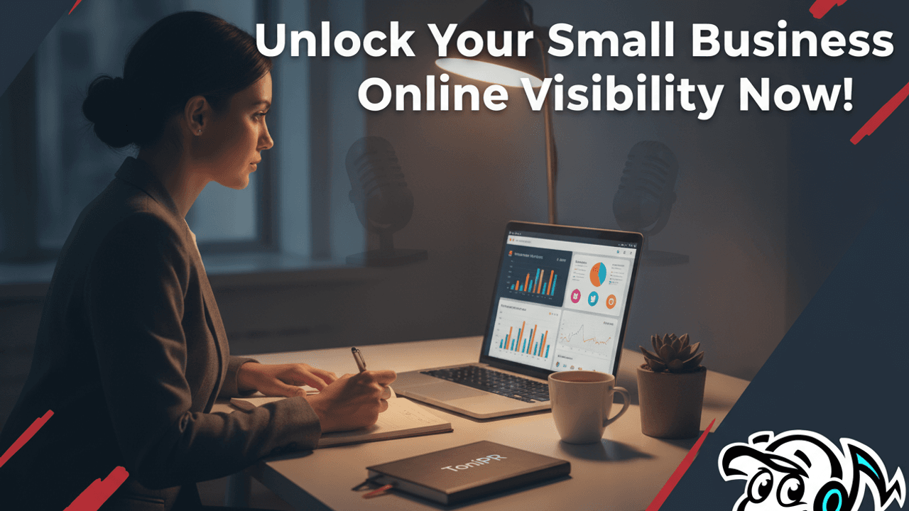 Small business owner strategizing online presence on a laptop in a modern office.