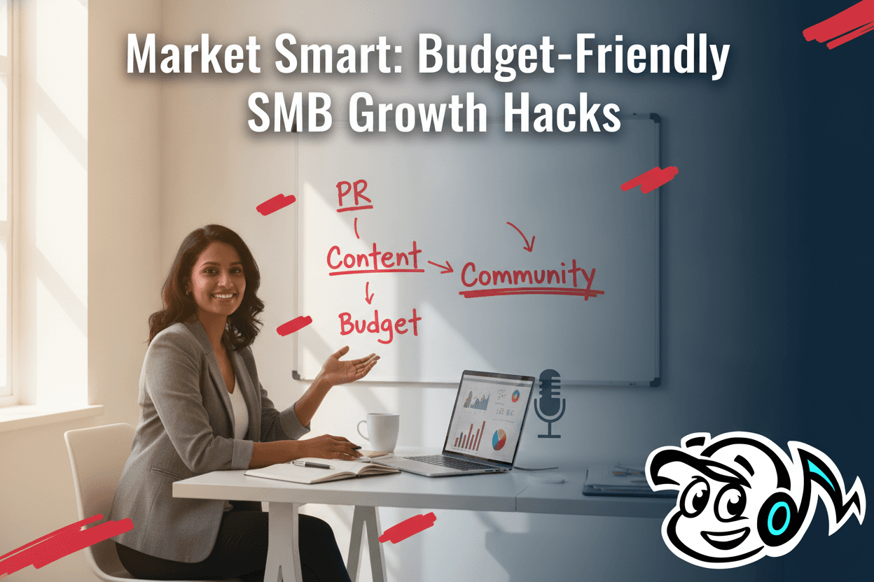 A small business owner strategizing at a desk, looking confidently at a laptop displaying marketing analytics, with a whiteboard in the background listing budget-friendly marketing keywords.