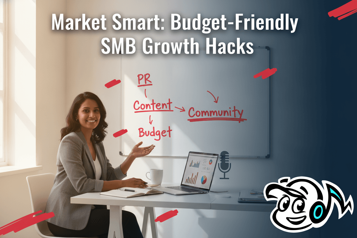 A small business owner strategizing at a desk, looking confidently at a laptop displaying marketing analytics, with a whiteboard in the background listing budget-friendly marketing keywords.
