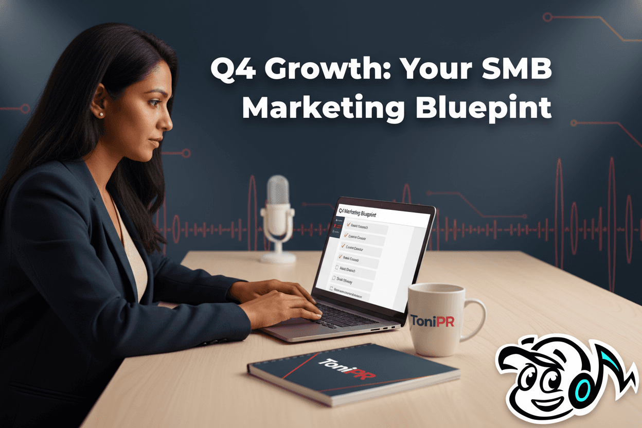 Small business owner reviewing a Q4 marketing checklist on a laptop, symbolizing strategic planning for growth.