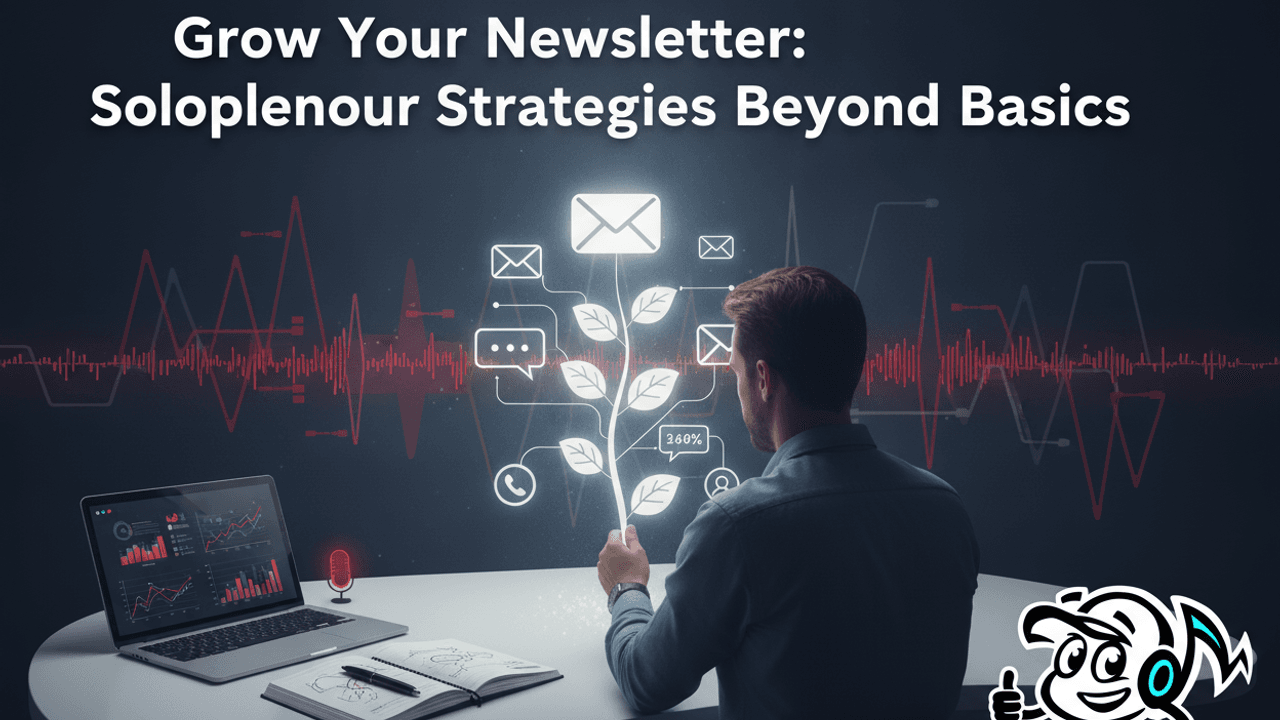 A solopreneur cultivating a digital garden representing a thriving newsletter, with a laptop showing analytics and a notebook, symbolizing strategic growth and engagement.