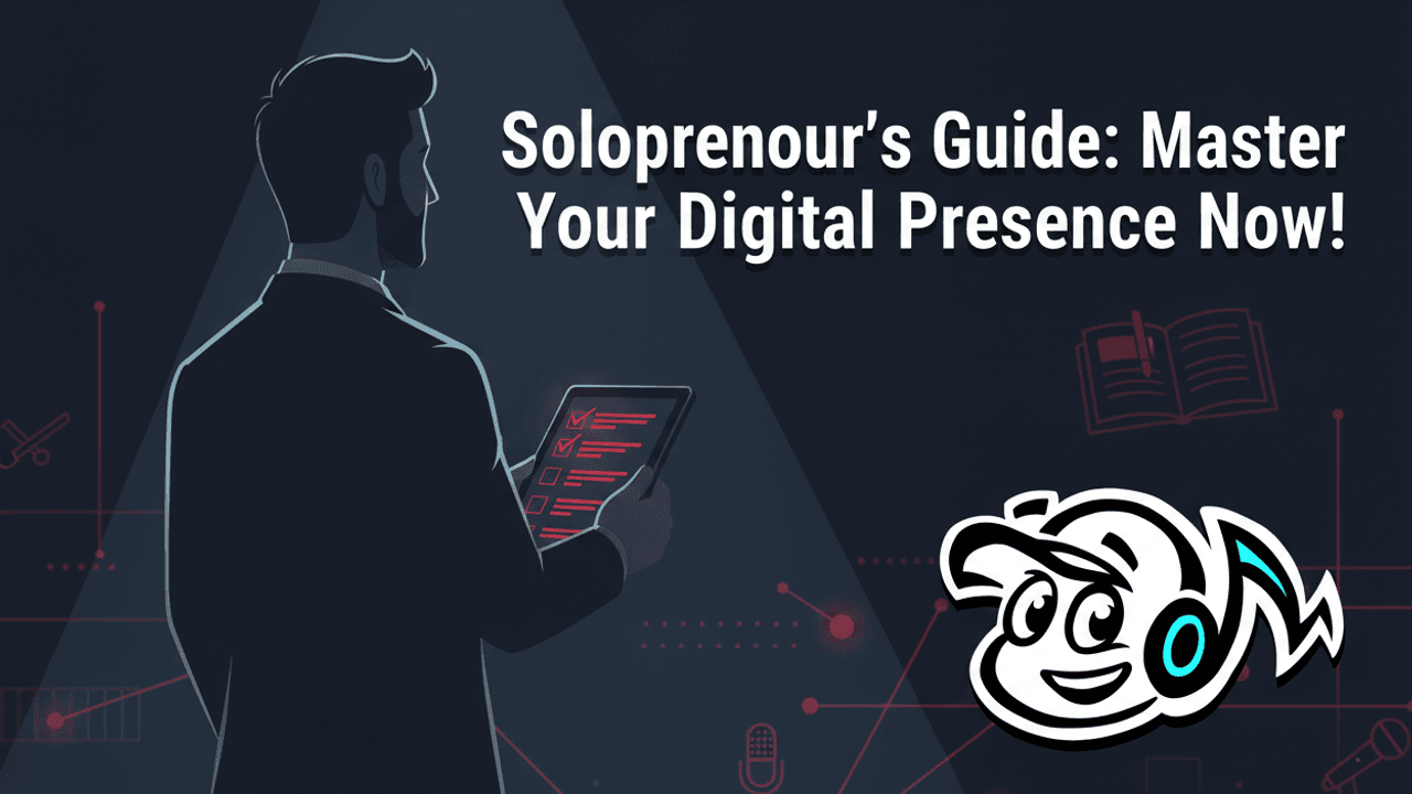 A solopreneur, focused and determined, reviewing a digital checklist on a tablet amidst a backdrop of interconnected digital networks, symbolizing a high-impact online presence.