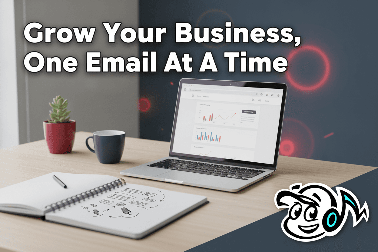 A founder or small business owner's desk with a laptop open to an email marketing platform, symbolizing the strategic process of starting a business newsletter for growth.