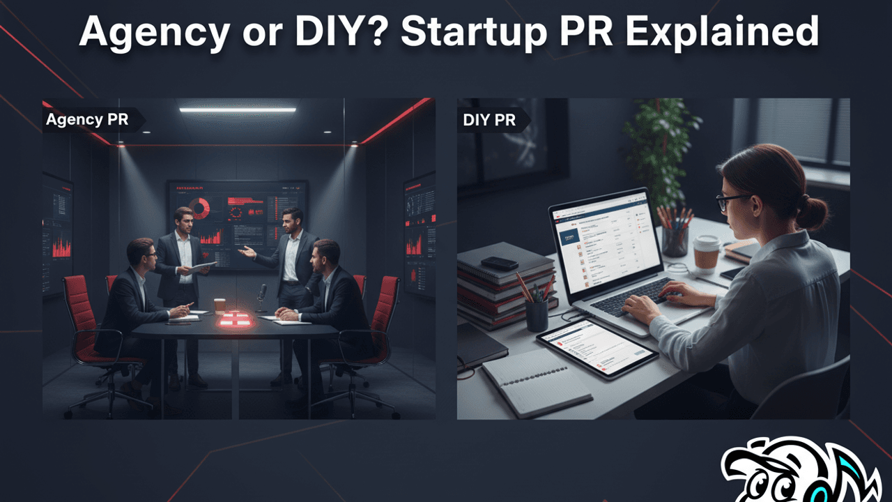 Startup founder deciding between hiring a PR agency and doing DIY media outreach, with visual elements representing both options.