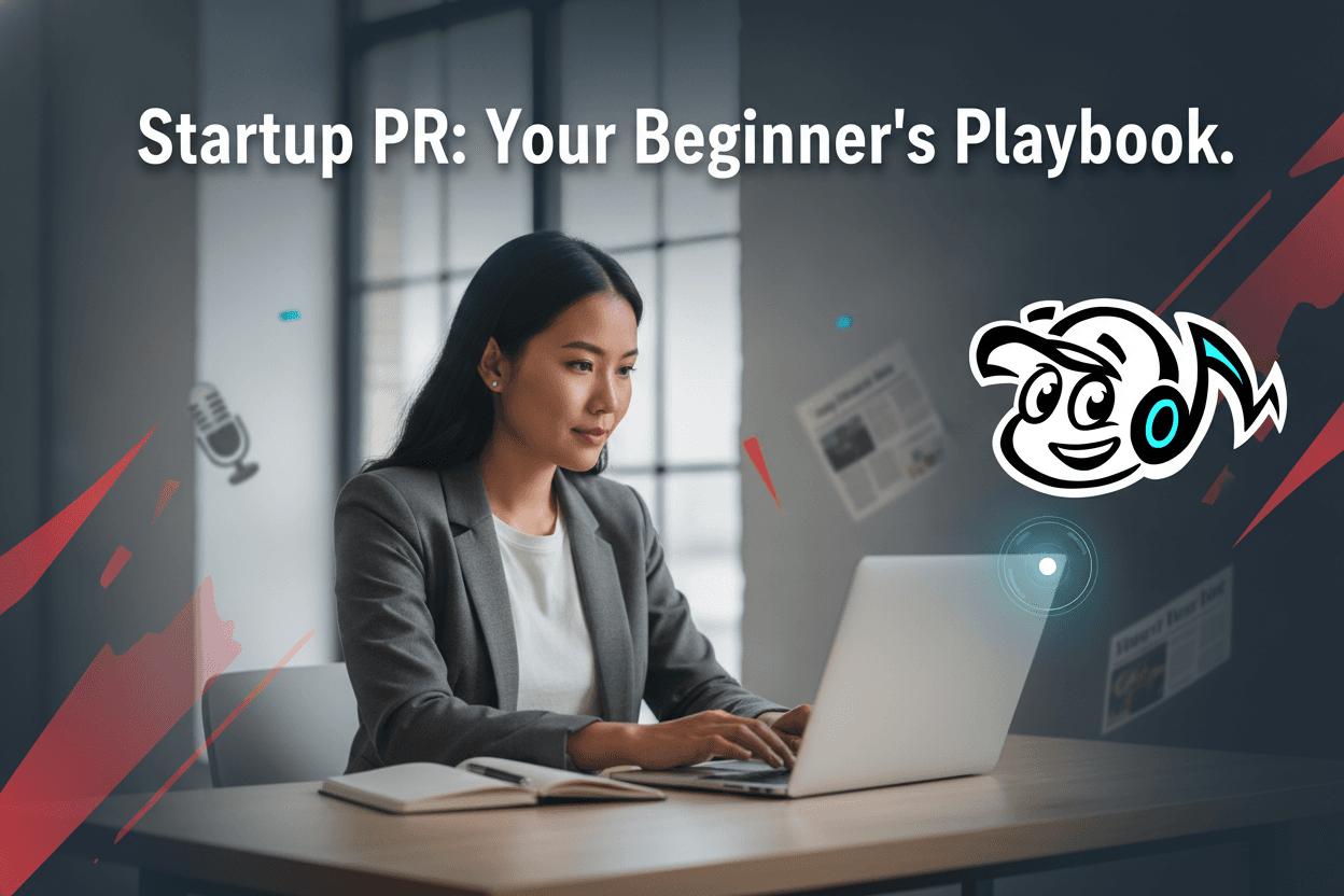 A startup founder strategically planning PR efforts on a laptop, symbolizing DIY PR and media outreach.