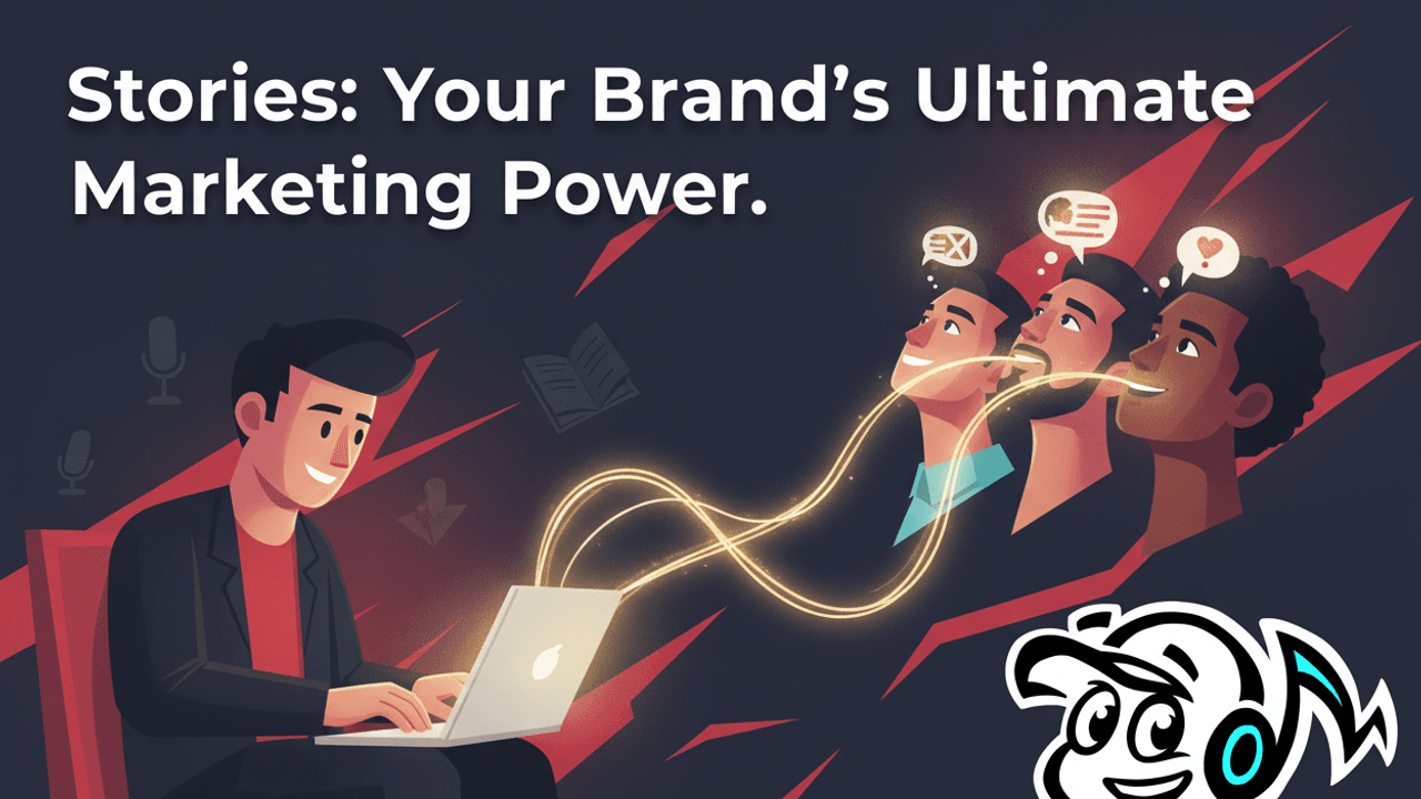 A founder or marketer weaving a narrative thread from a laptop to connect with an engaged audience, symbolizing the power of storytelling in marketing.
