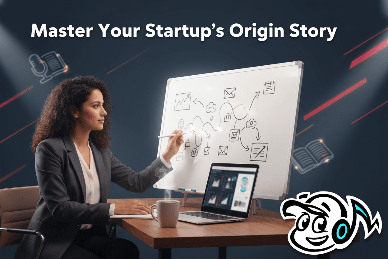 A founder mapping out their startup's origin story on a whiteboard, symbolizing the process of crafting a compelling narrative for PR and brand building.
