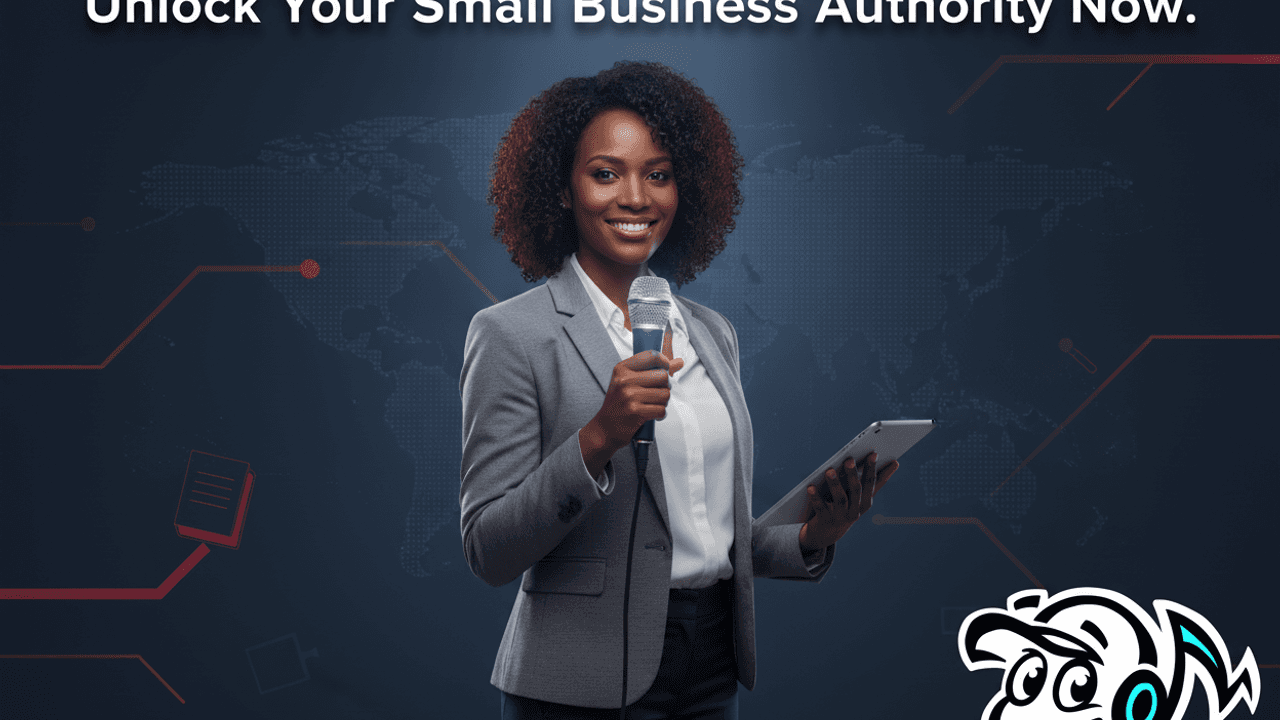 A small business owner confidently presenting an idea amidst a glowing digital network, symbolizing thought leadership and market influence.